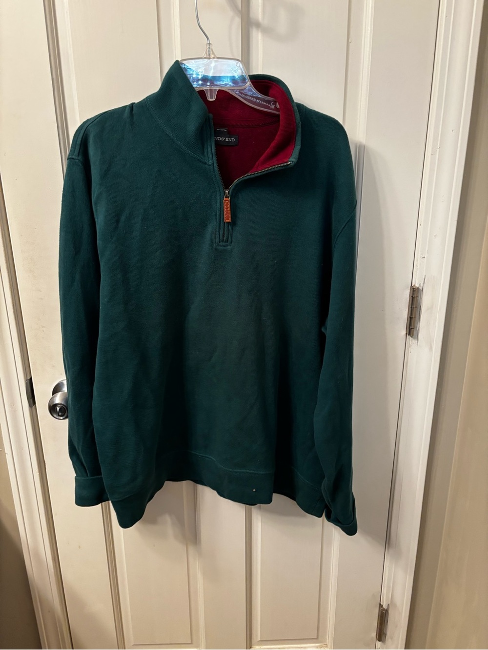 Lands End Men's Deep Green Quarter-Zip Sweater with burgundy Lining